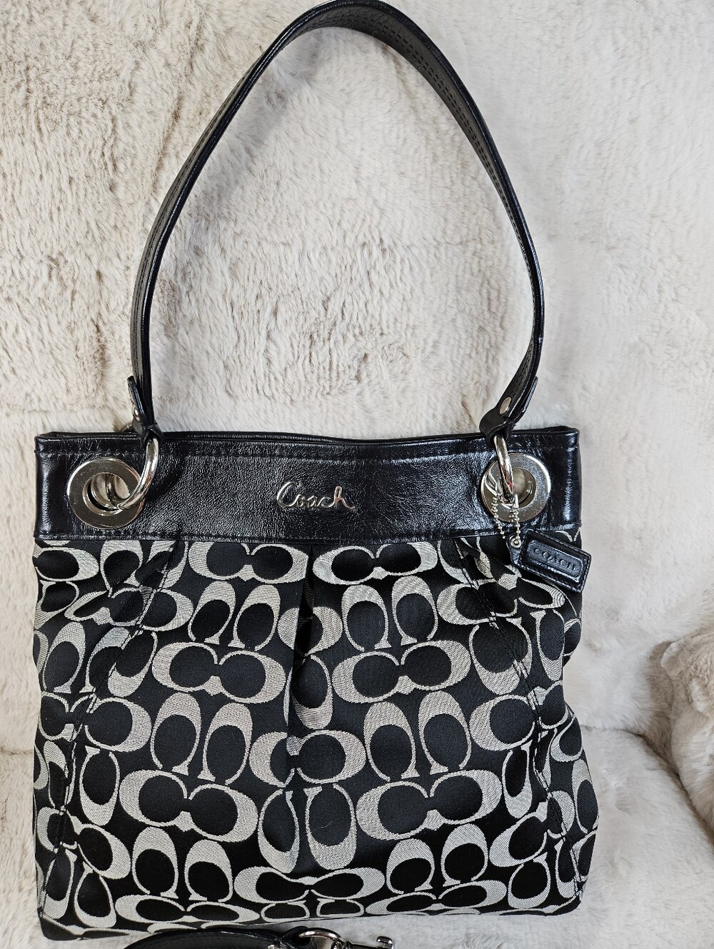 2012 Coach Black & Cream Ashley Signature Sateen Shoulder Bag with Patent Trim